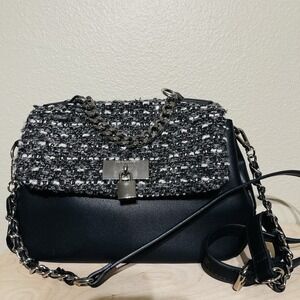 Steve Madden Crossbody Purse Top Handle Black Bouclé Silver Hardware Chain Strap